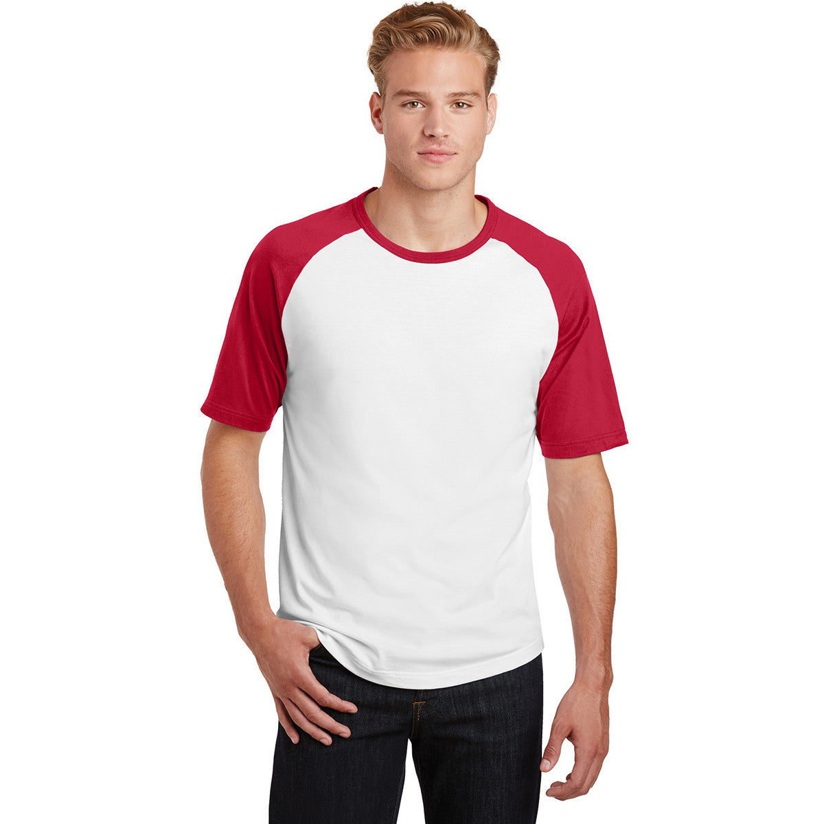 Sport-Tek Men's Stunning White/Red Short Sleeve Colorblock Raglan Jersey