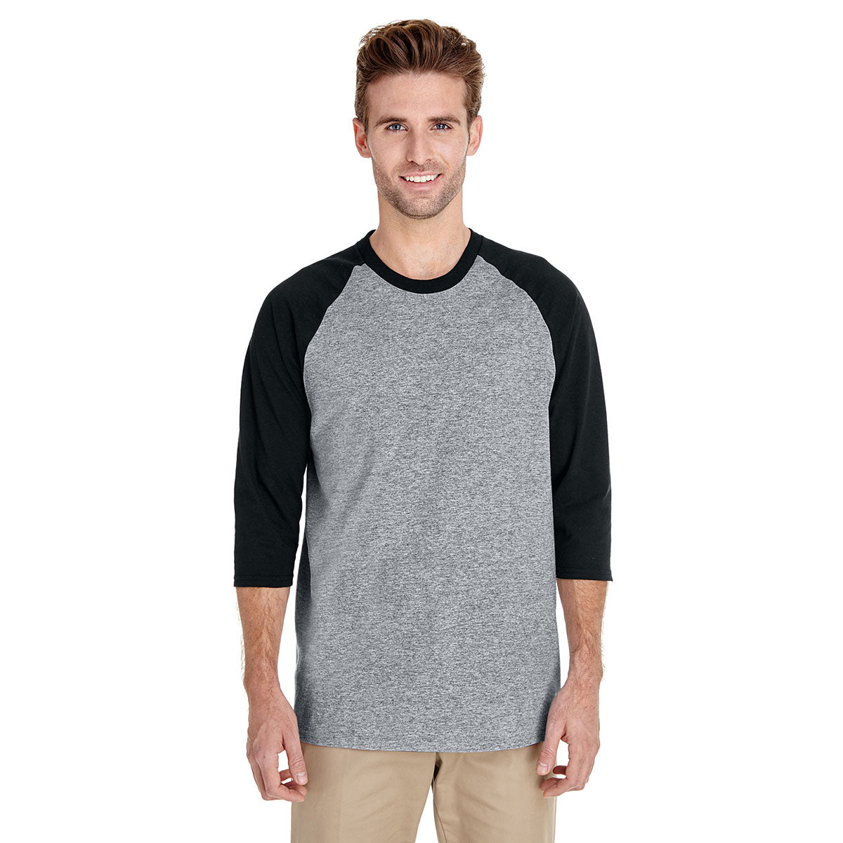 Gildan Unisex Sporty Grey/Black 5.3 oz. 3/4-Raglan Sleeve T-Shirt - A Style Sensation