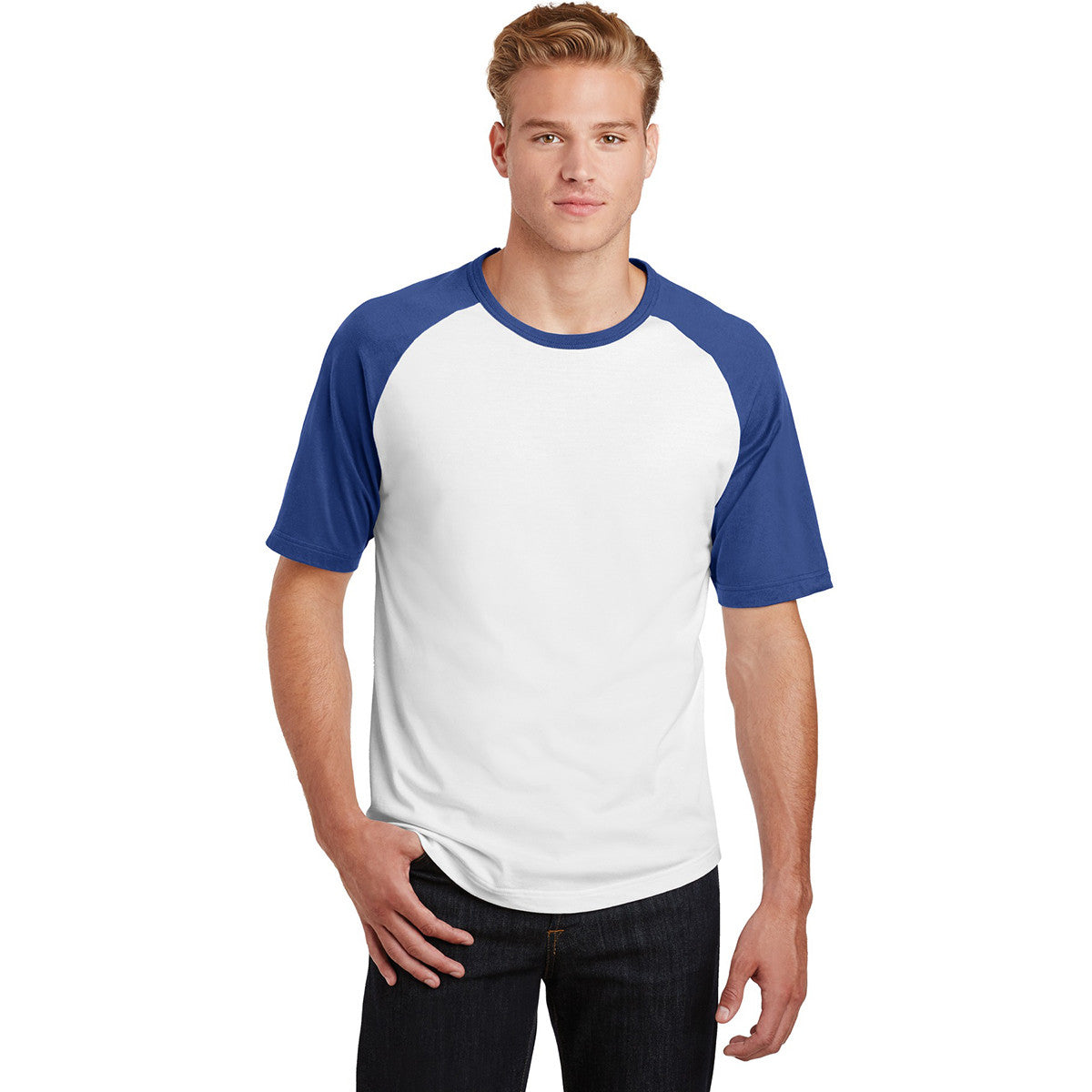 Sport-Tek Men's Stunning White/Royal Short Sleeve Colorblock Raglan Jersey - A Must-Have!