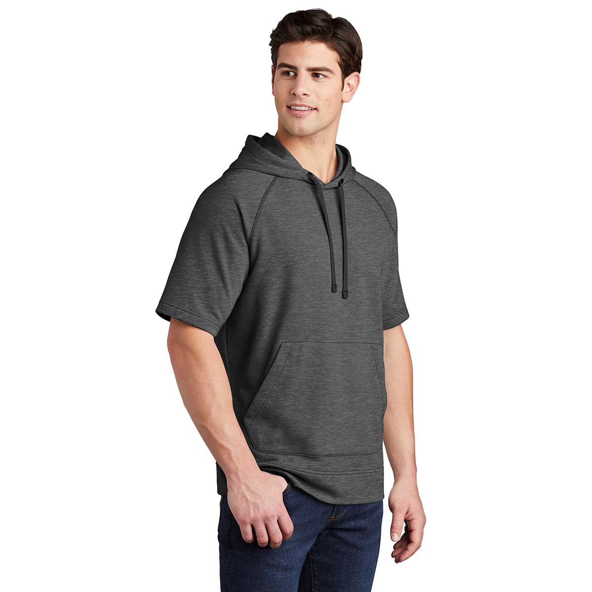 Sport-Tek Men's Dark Grey Heather PosiCharge Tri-Blend Wicking Fleece Short Sleeve Hoodie - A Must-Have for Active Men