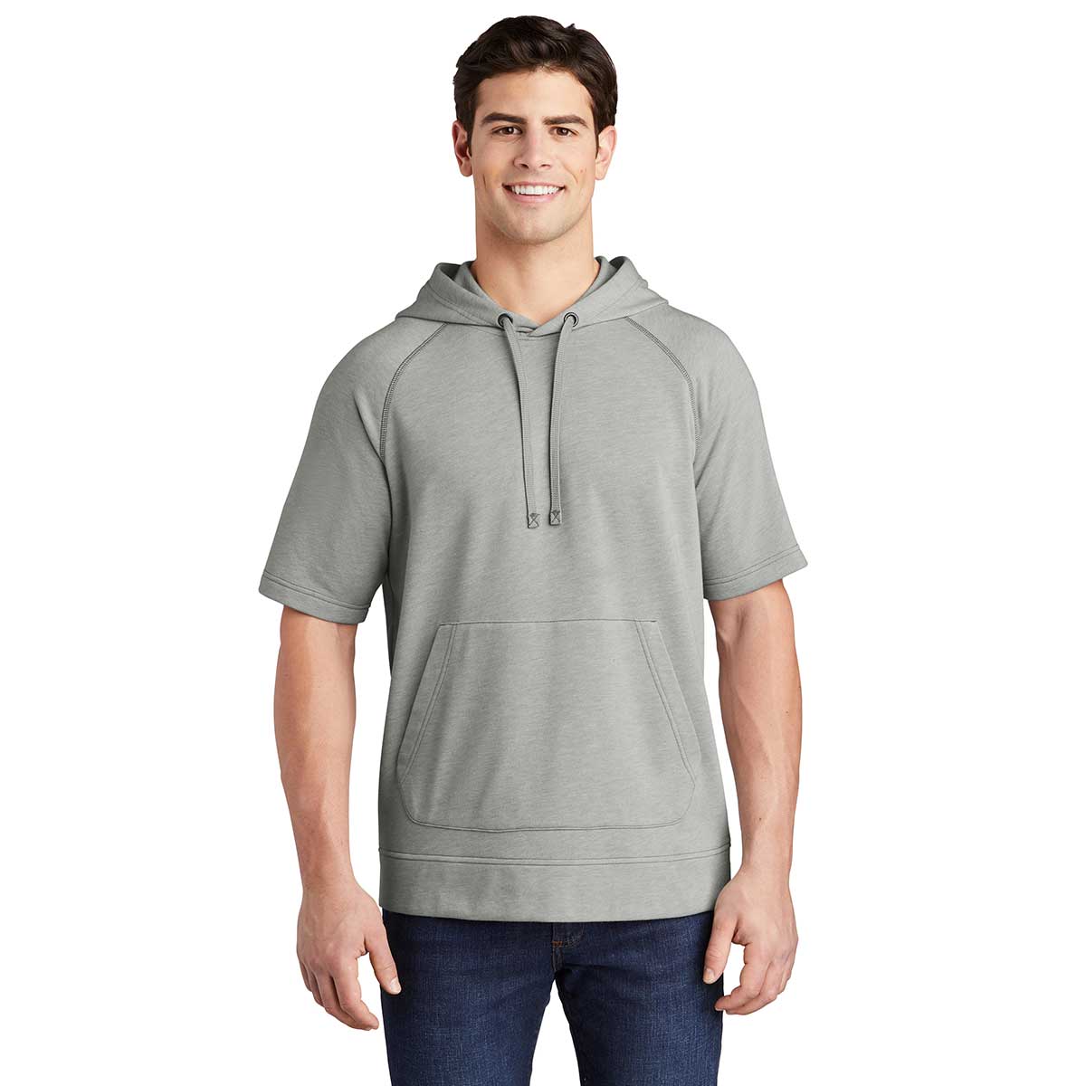 Sport-Tek Men's Light Grey Heather PosiCharge Tri-Blend Wicking Fleece Short Sleeve Hoodie - A Must-Have for Active Men